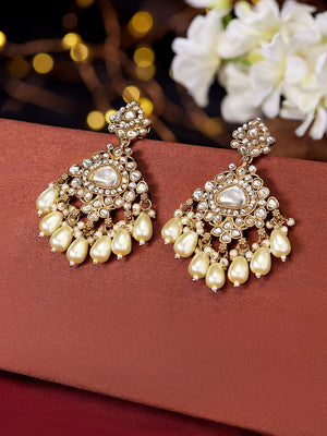 Priyaasi Gold Plated Kundan Ivory Pearls Floral Drop Earrrings