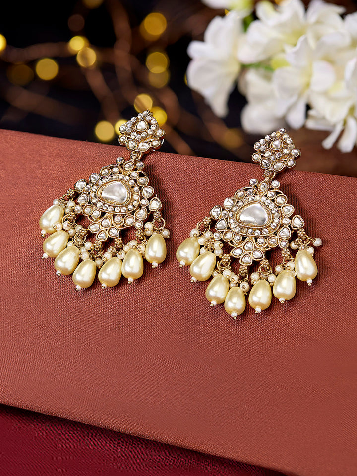 Priyaasi Gold Plated Kundan Ivory Pearls Floral Drop Earrrings