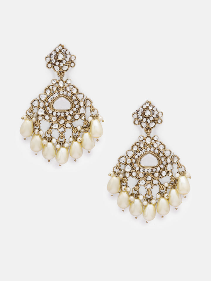 Priyaasi Gold Plated Kundan Ivory Pearls Floral Drop Earrrings