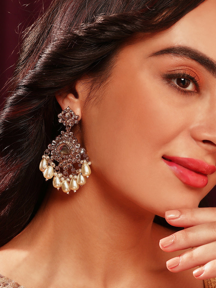 Priyaasi Gold Plated Kundan Ivory Pearls Floral Drop Earrrings