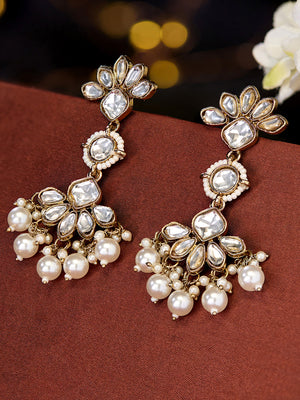 Priyaasi Blossom Floral Kundan Pearl Drop Style Gold Plated Earrings