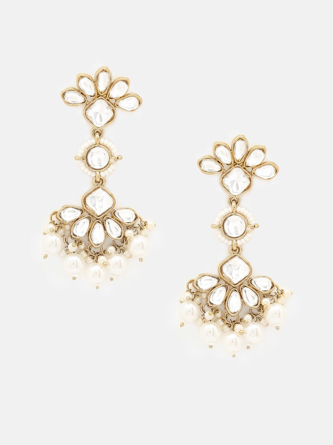 Priyaasi Blossom Floral Kundan Pearl Drop Style Gold Plated Earrings