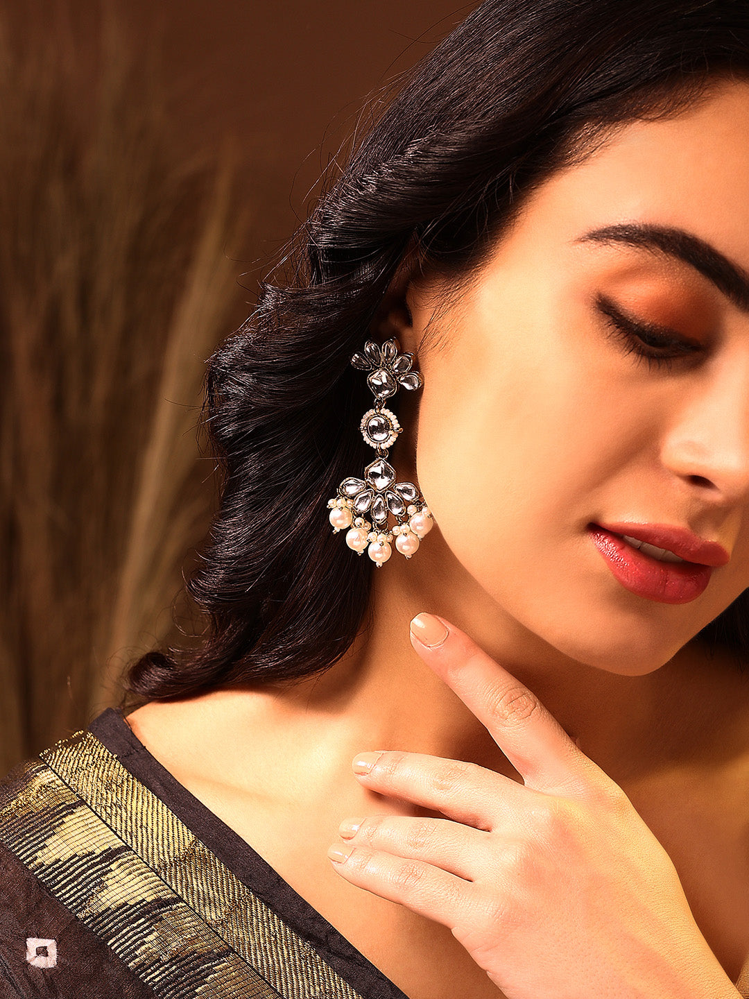 Priyaasi Blossom Floral Kundan Pearl Drop Style Gold Plated Earrings