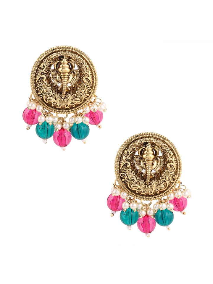 Priyaasi Temple Ruby and Green Stoned Pearl Drop Earrings