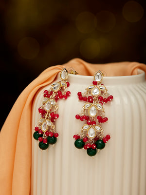 Priyaasi Ruby Green Kundan Floral Design Gold Plated Drop Earrings