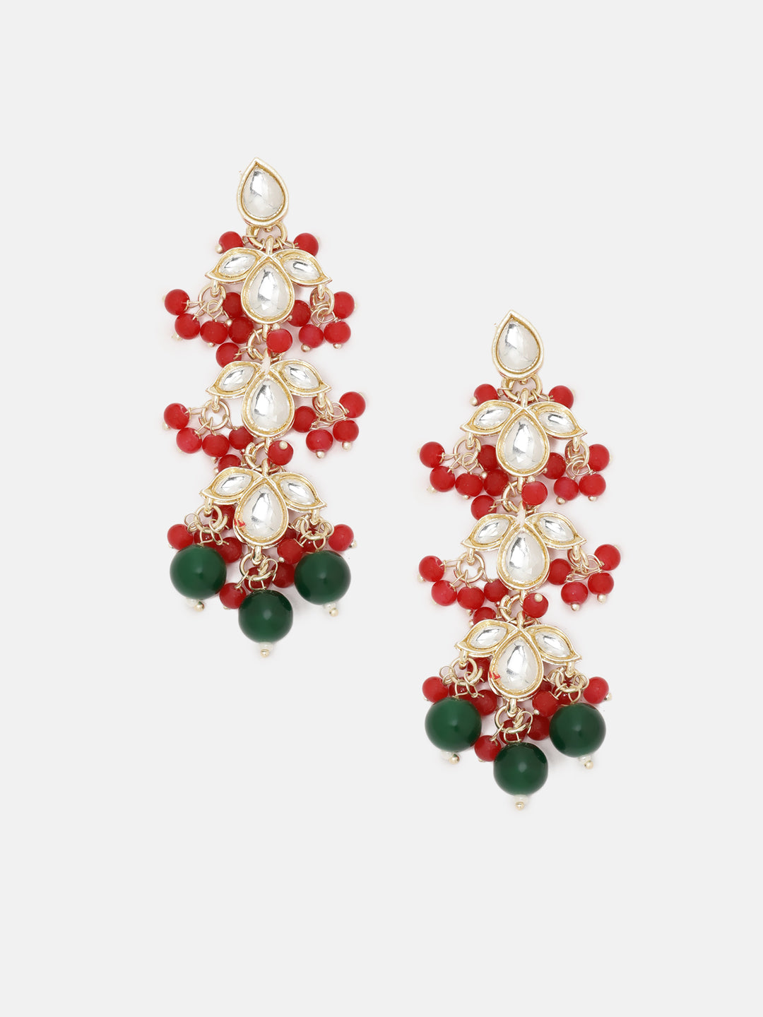 Priyaasi Ruby Green Kundan Floral Design Gold Plated Drop Earrings
