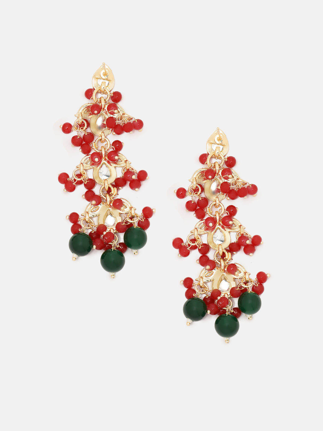 Priyaasi Ruby Green Kundan Floral Design Gold Plated Drop Earrings