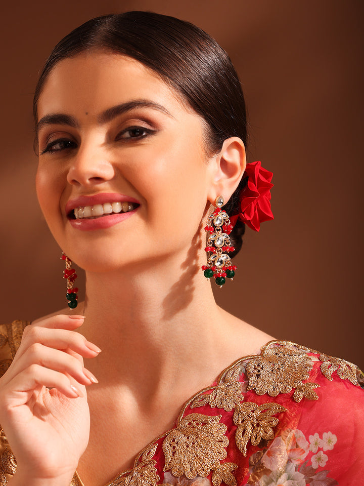 Priyaasi Ruby Green Kundan Floral Design Gold Plated Drop Earrings
