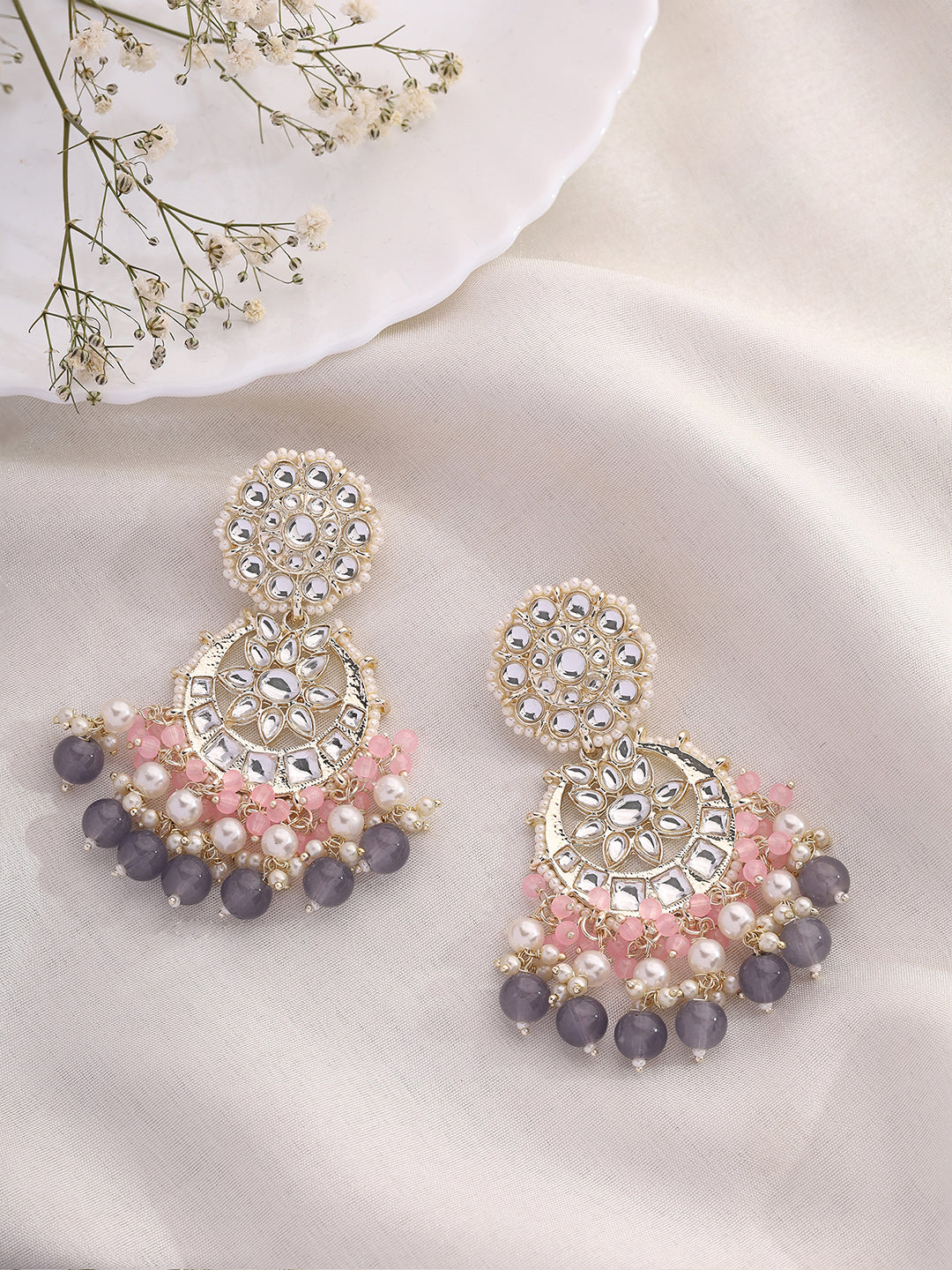 Priyaasi Pale Pink and Ash Combo Floral Earrings Priyaasi Pale Pink and Ash Combo Floral Earrings