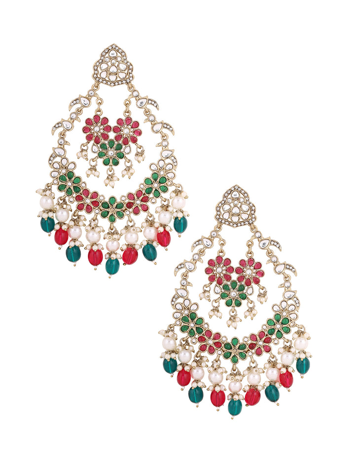 Priyaasi Floral Green and Ruby Stoned Beads Chandbalis