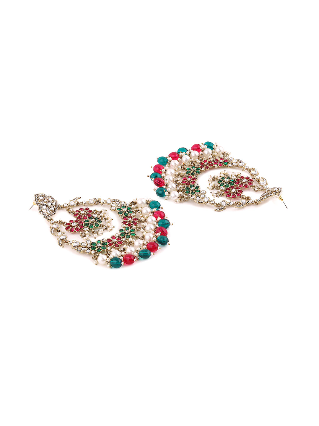 Priyaasi Floral Green and Ruby Stoned Beads Chandbalis