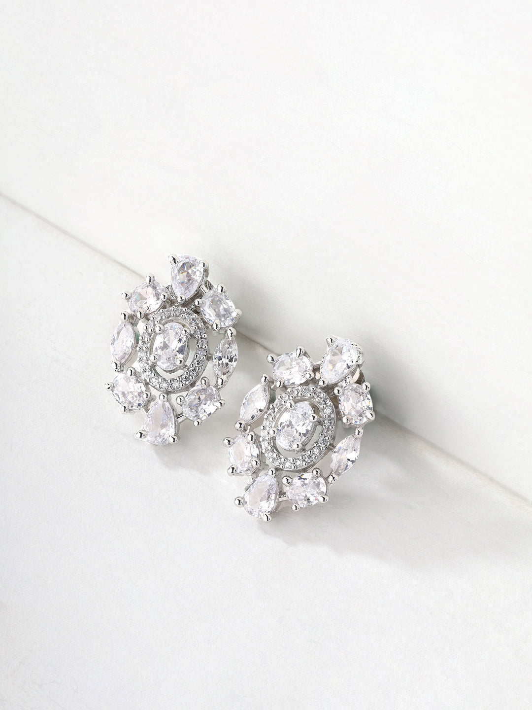 Priyaasi American Diamond Floral Silver Studs