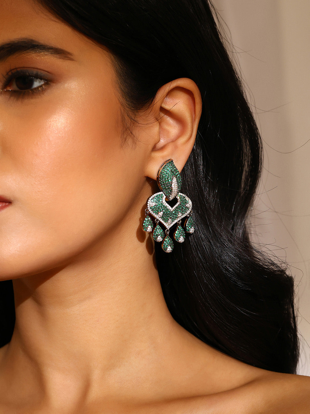 Priyaasi Leaf Shape Green Black AD Floral Drop Earrings