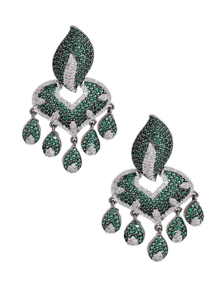 Priyaasi Leaf Shape Green Black AD Floral Drop Earrings