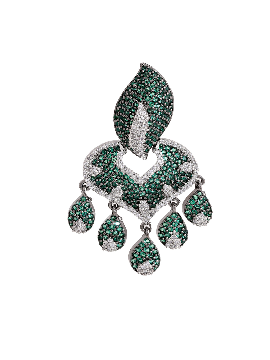 Priyaasi Leaf Shape Green Black AD Floral Drop Earrings