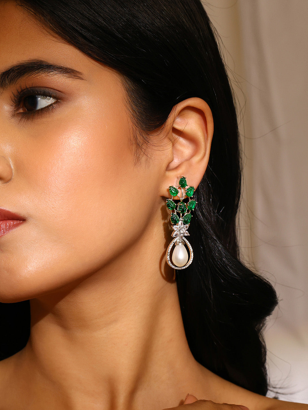 Priyaasi Leafy Green Stone White American Diamond Floral Pearl Drop Earrings