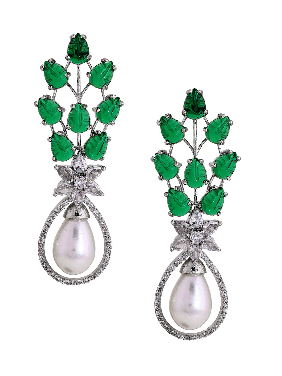 Priyaasi Leafy Green Stone White American Diamond Floral Pearl Drop Earrings