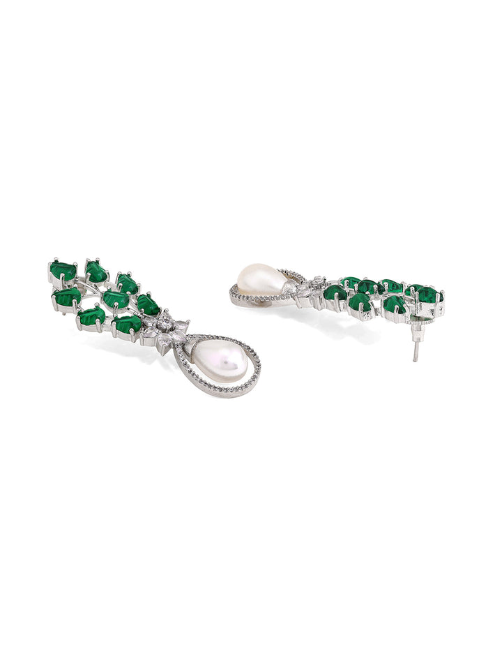 Priyaasi Leafy Green Stone White American Diamond Floral Pearl Drop Earrings