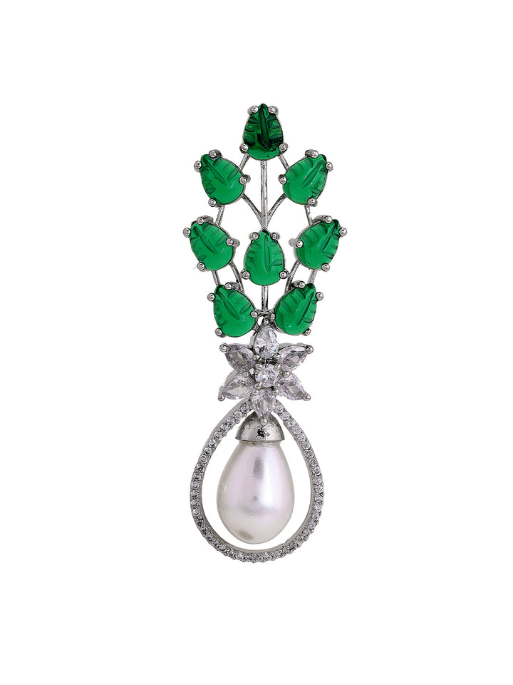 Priyaasi Leafy Green Stone White American Diamond Floral Pearl Drop Earrings