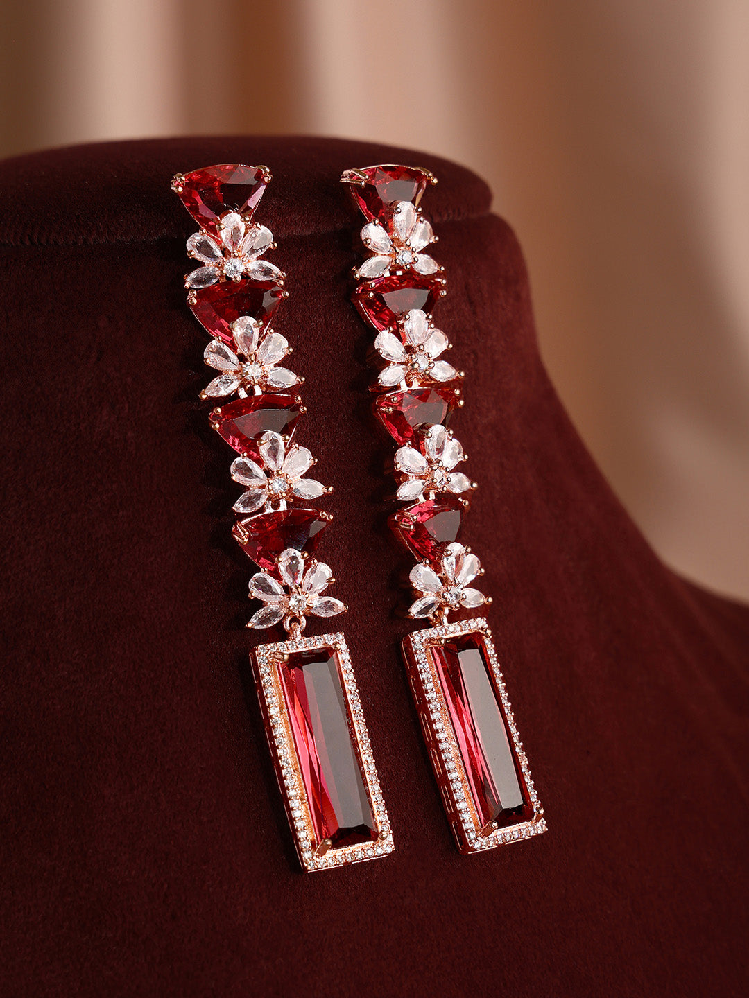 Priyaasi American Diamond Ruby Floral Sequence Long Rose Gold Earrings