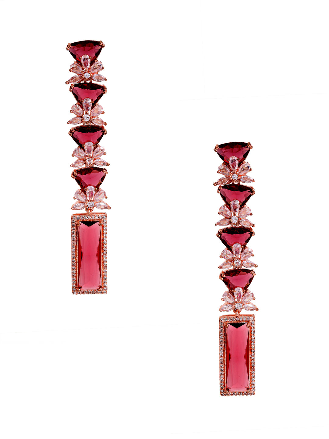 Priyaasi American Diamond Ruby Floral Sequence Long Rose Gold Earrings