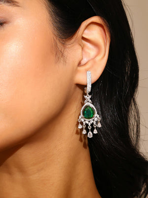 Priyaasi American Diamond Green Stoned Floral Drop Earrings