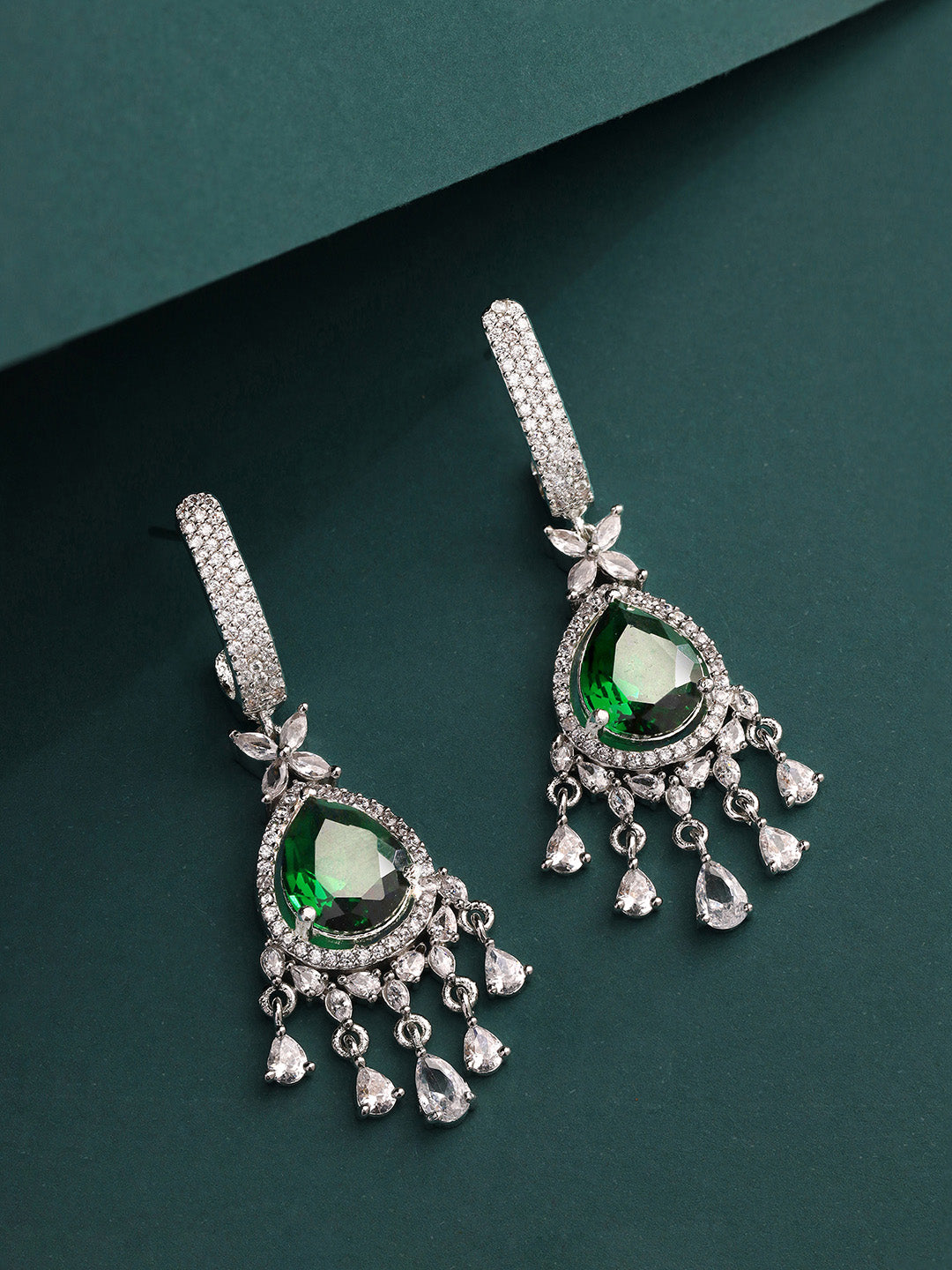 Priyaasi American Diamond Green Stoned Floral Drop Earrings