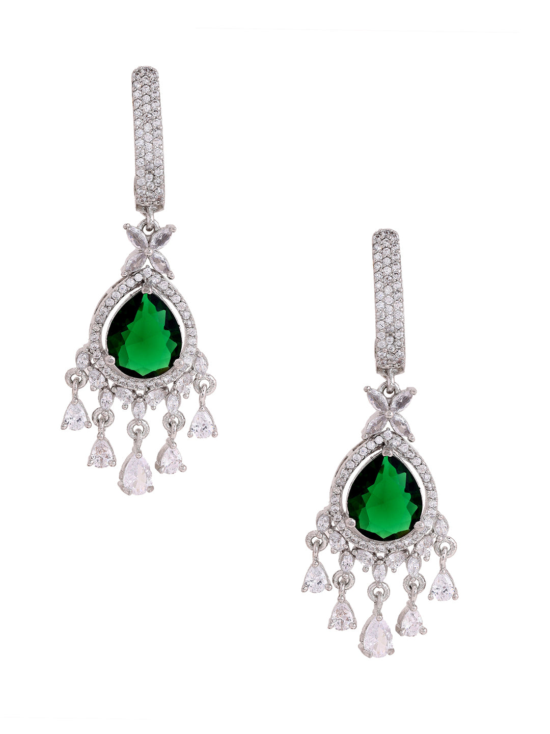 Priyaasi American Diamond Green Stoned Floral Drop Earrings