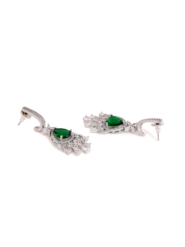 Priyaasi American Diamond Green Stoned Floral Drop Earrings