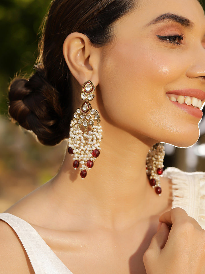 Priyaasi Maroon Leaf Design mini Fresh Water Pearls Tassels Drop gold plated earrings