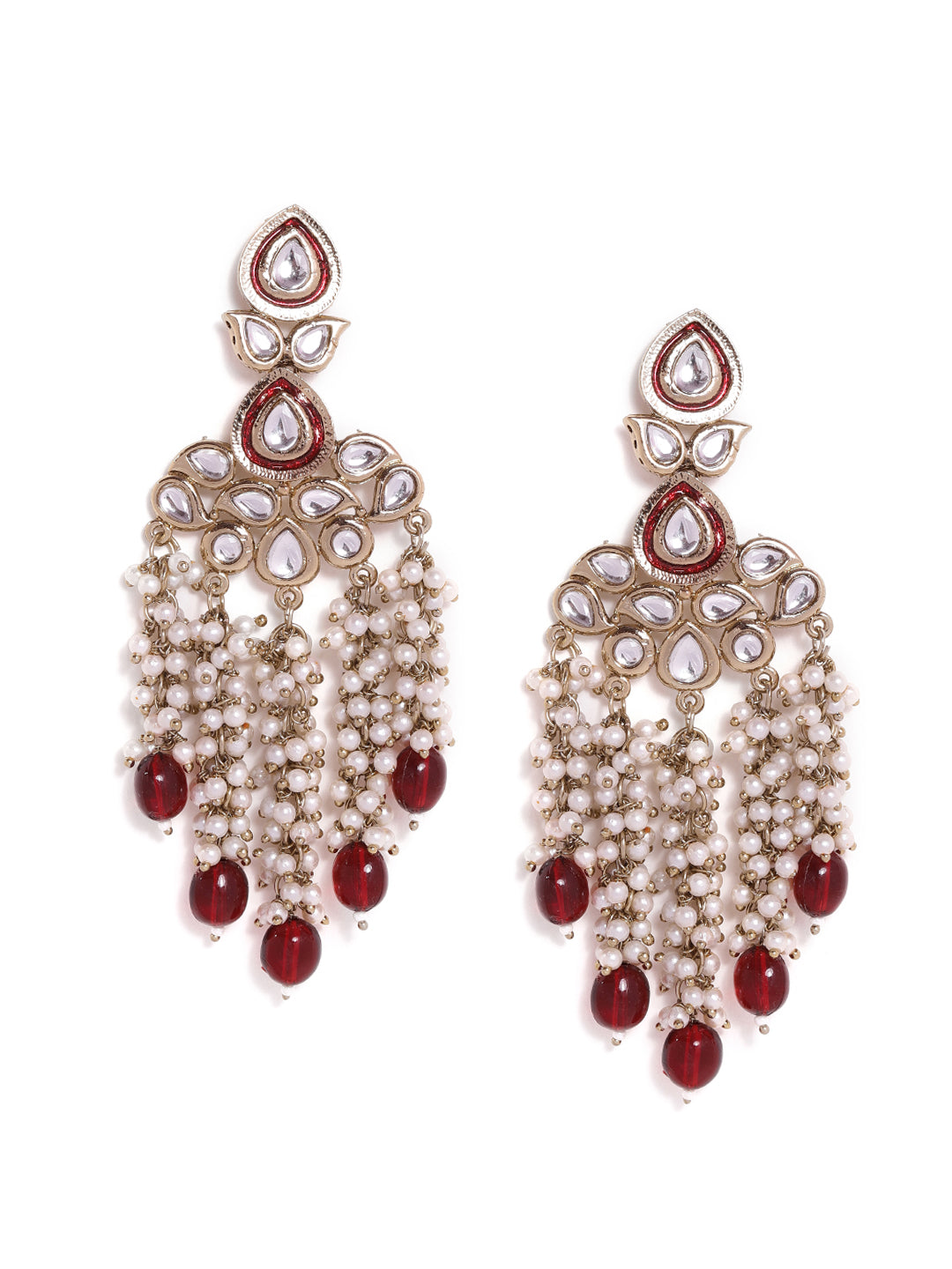 Priyaasi Maroon Leaf Design mini Fresh Water Pearls Tassels Drop gold plated earrings