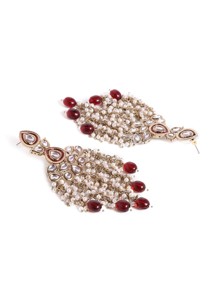 Priyaasi Maroon Leaf Design mini Fresh Water Pearls Tassels Drop gold plated earrings