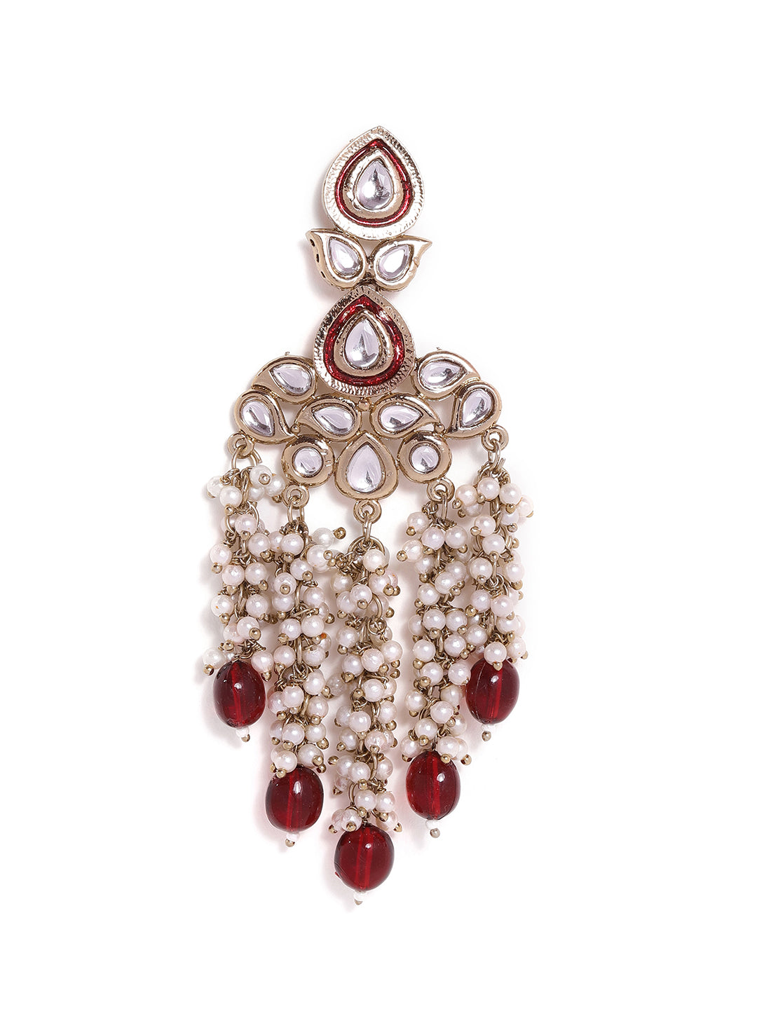 Priyaasi Maroon Leaf Design mini Fresh Water Pearls Tassels Drop gold plated earrings