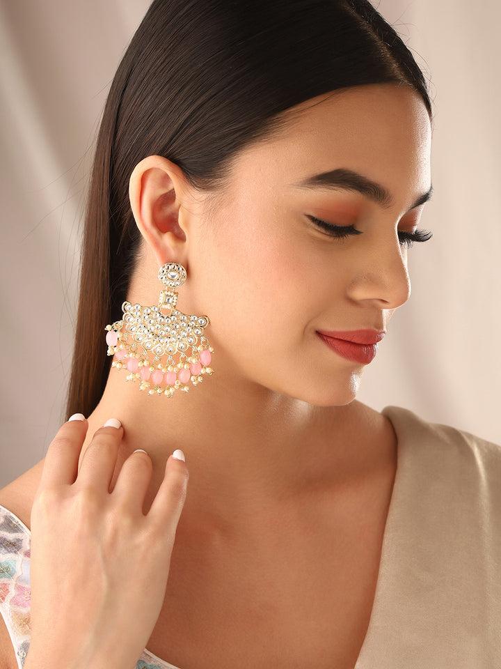 Priyaasi Pink Beads and Kundan Chandbali Earrings