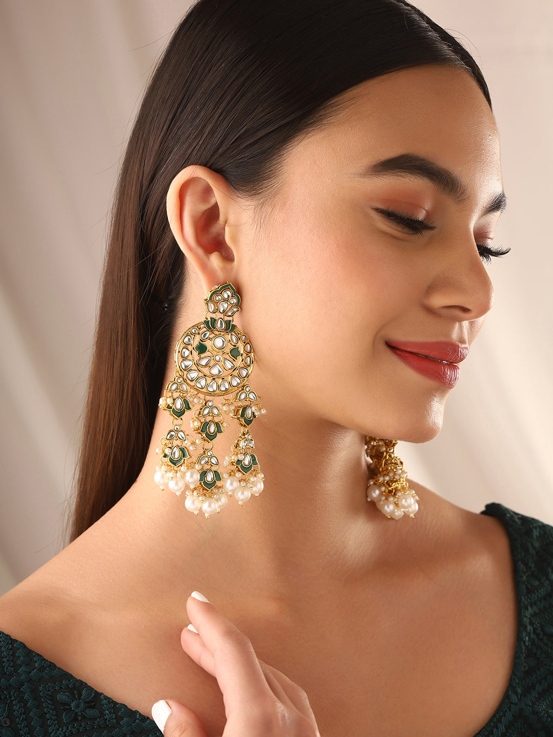 Priyaasi Green Floral Chandbali Pearl Earrrings