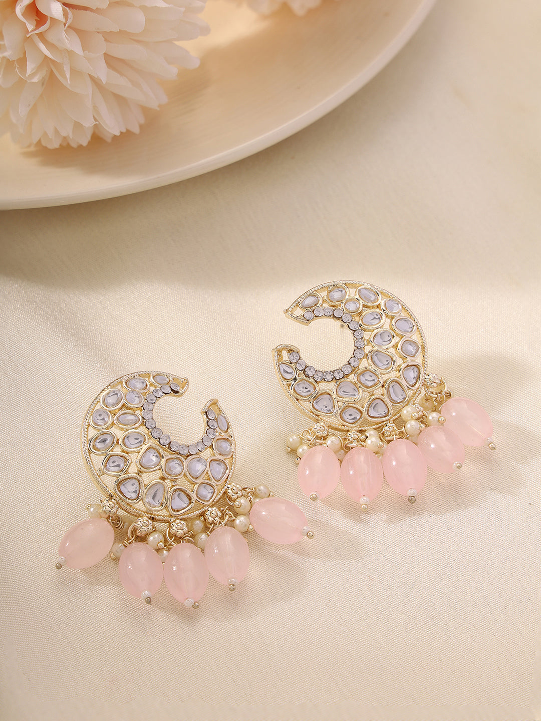 Priyaasi Pinks Beads Moon Shape Earrings