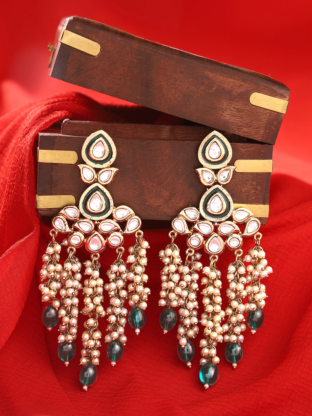 Priyaasi Green Kundan Pearl Drop Earrings