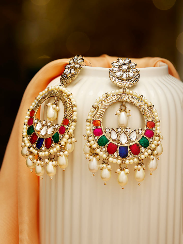 Priyaasi Floral Multicolor Stoned Design Kundan Pearls Gold Plated Chandbali Earrings