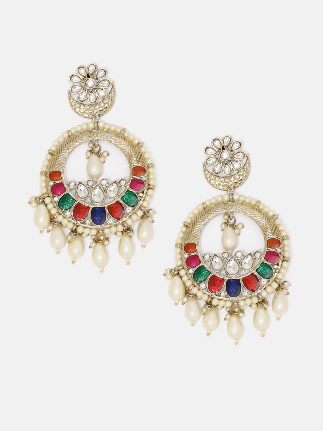 Priyaasi Floral Multicolor Stoned Design Kundan Pearls Gold Plated Chandbali Earrings