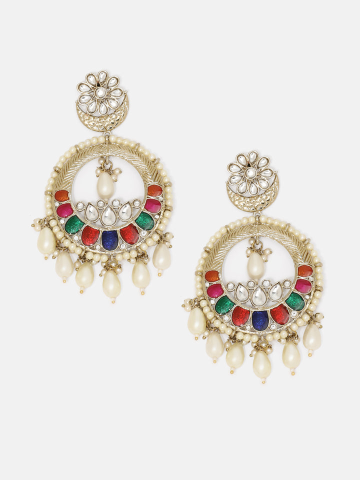 Priyaasi Floral Multicolor Stoned Design Kundan Pearls Gold Plated Chandbali Earrings