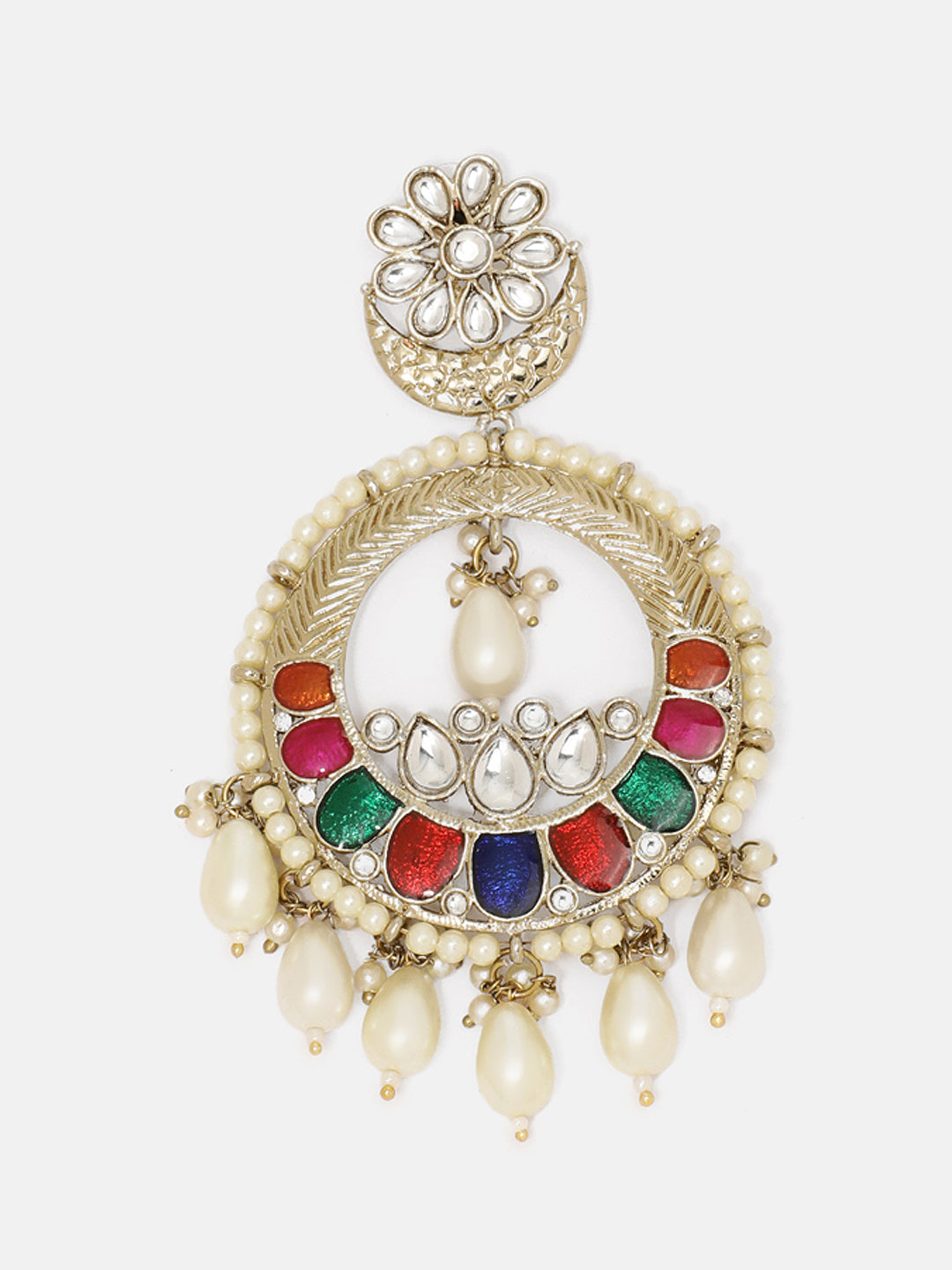 Priyaasi Floral Multicolor Stoned Design Kundan Pearls Gold Plated Chandbali Earrings