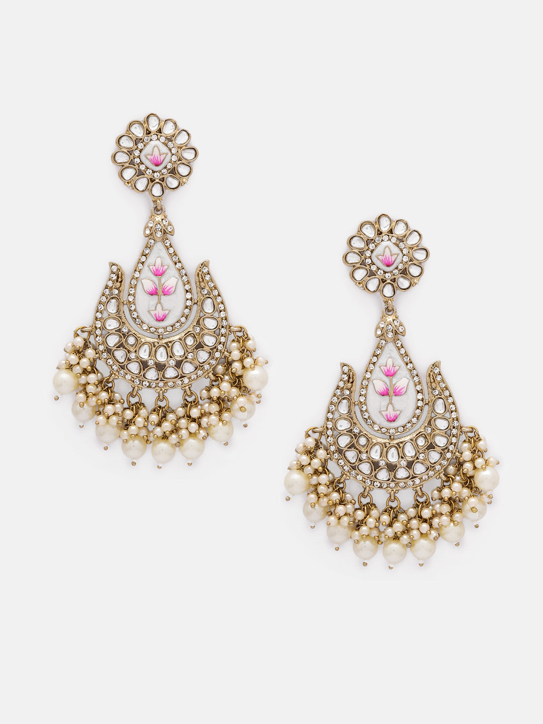 Priyaasi Floral Design Chand Pattern Ivory Pearls Drop Earrings