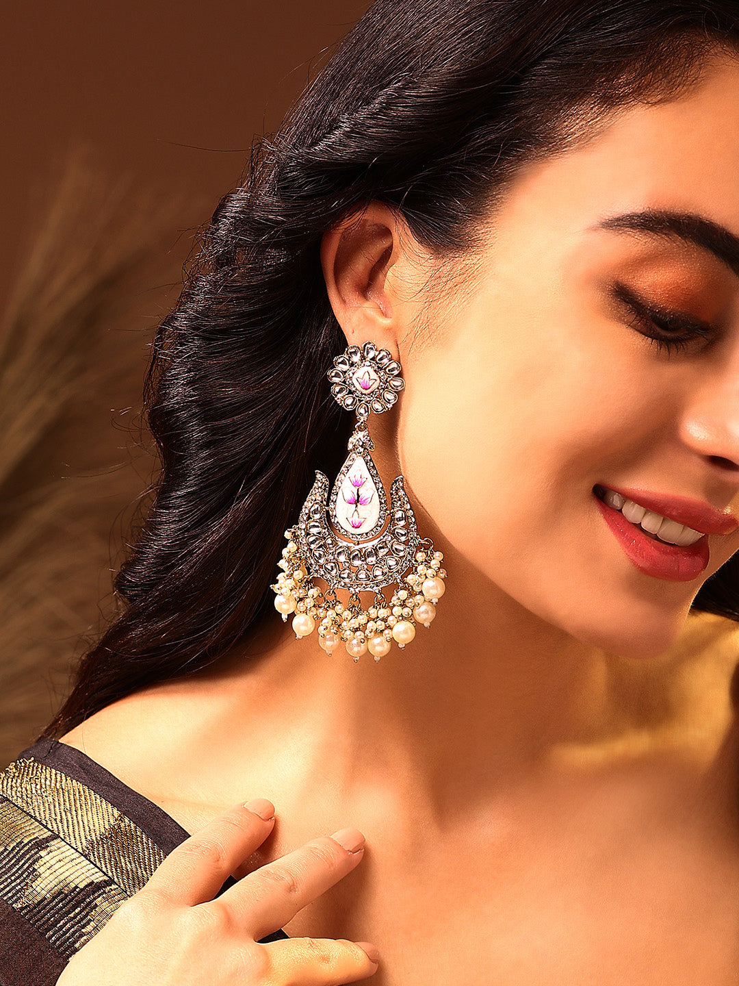 Priyaasi Floral Design Chand Pattern Ivory Pearls Drop Earrings