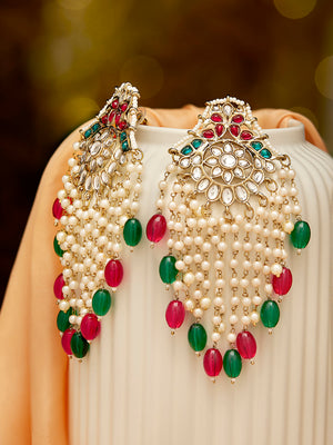 Priyaasi Ruby Green Kundan FLoral Pattern Pearl Tassels Gold Plated Earrings