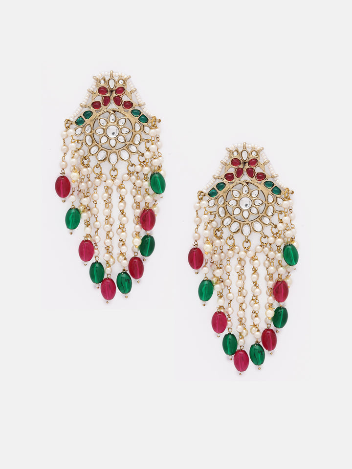 Priyaasi Ruby Green Kundan FLoral Pattern Pearl Tassels Gold Plated Earrings