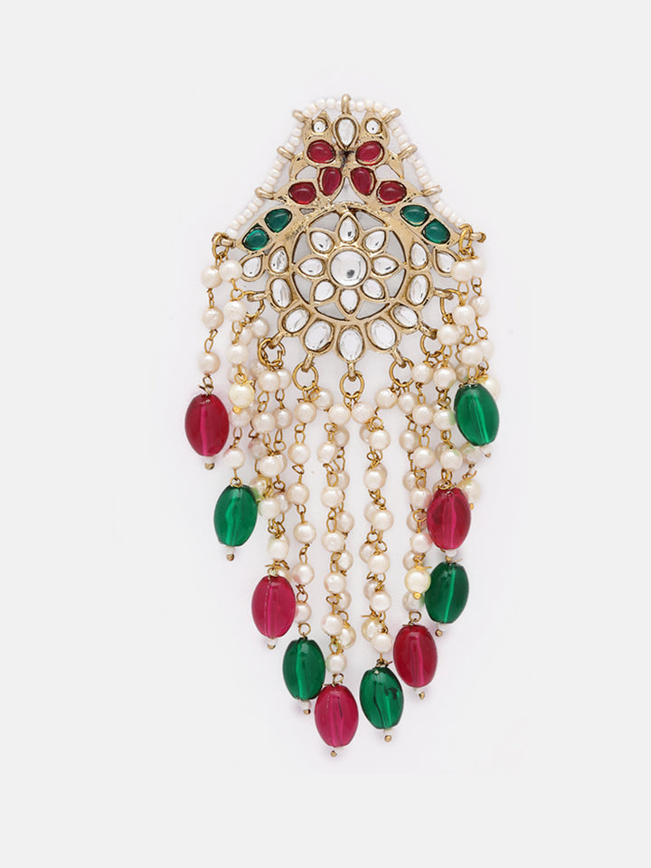 Priyaasi Ruby Green Kundan FLoral Pattern Pearl Tassels Gold Plated Earrings