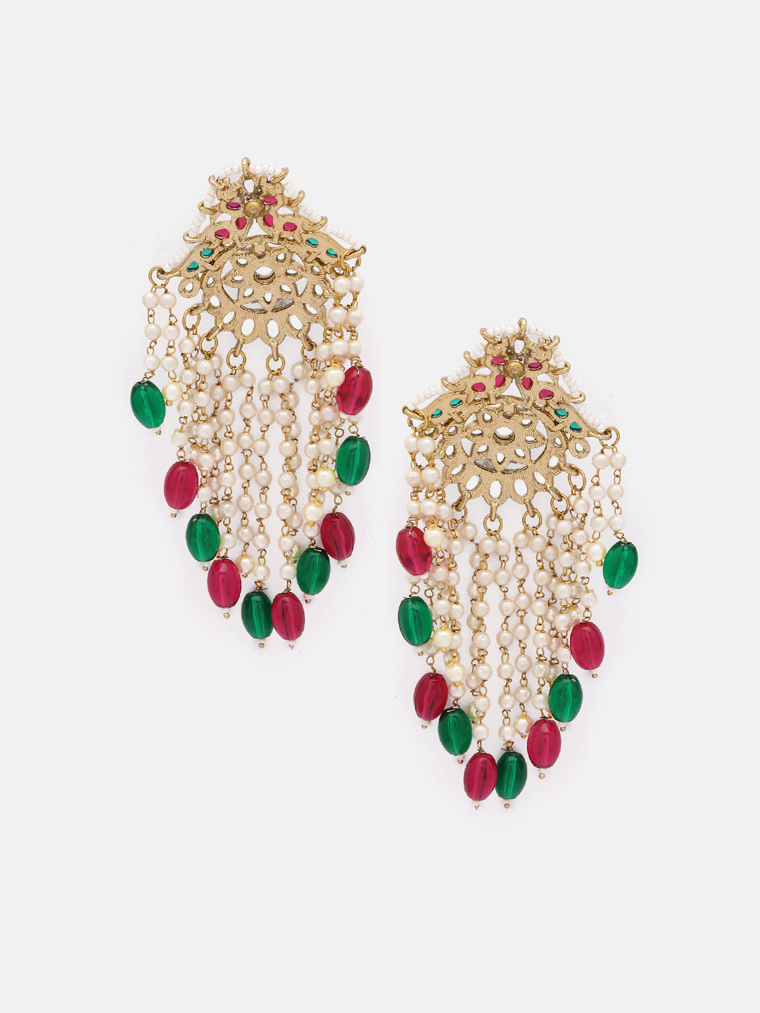 Priyaasi Ruby Green Kundan FLoral Pattern Pearl Tassels Gold Plated Earrings