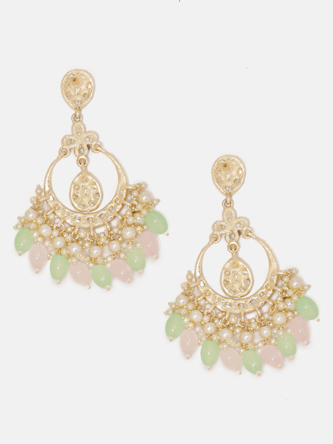 Priyaasi Pink Mint Beads Kundan Mini Pearls Chandbali Design Gold Plated Earrings