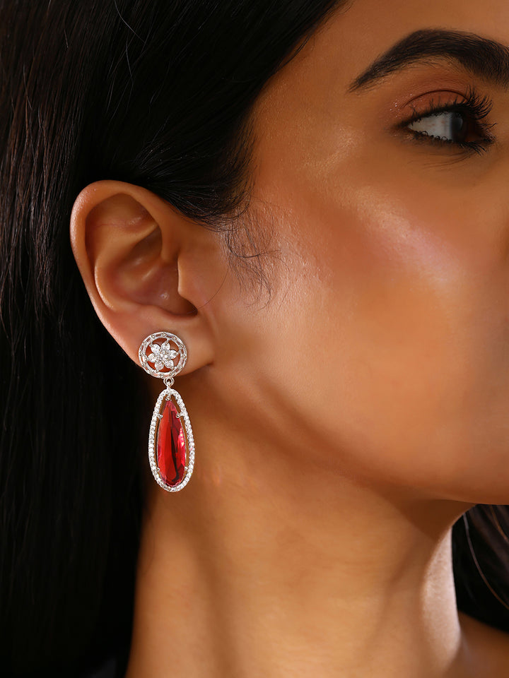 Priyaasi AD Blooming Floral Silver Plating Red Stone Drop Style Earrings