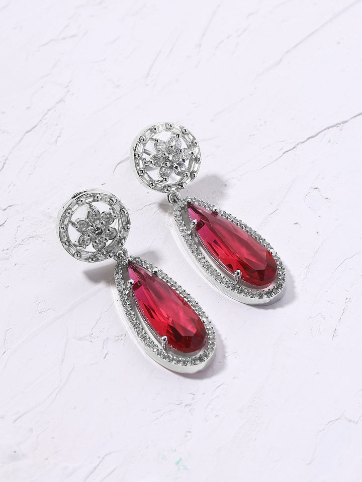 Priyaasi AD Blooming Floral Silver Plating Red Stone Drop Style Earrings